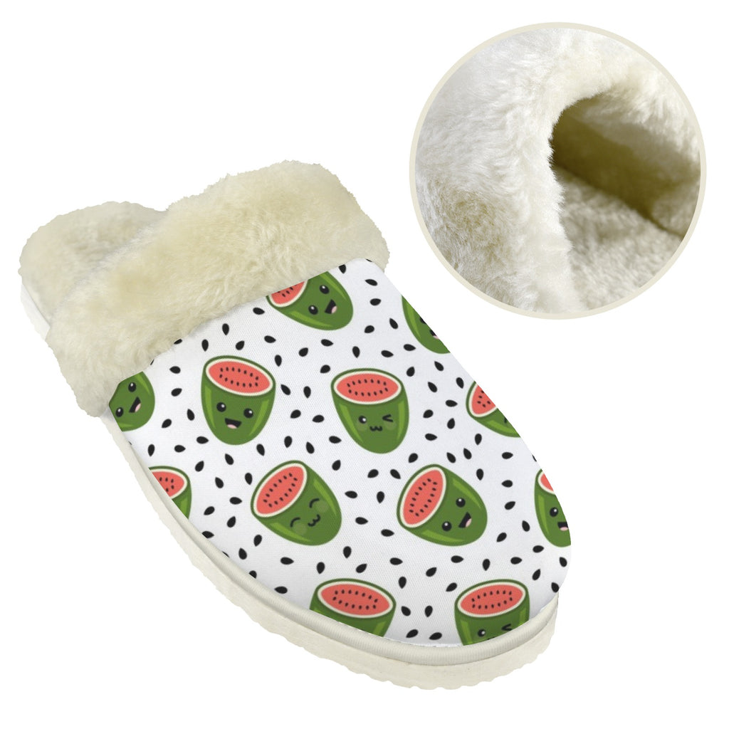 Happy Watermelons Men's Fur Trim Thick-Sole Indoor Slippers Men's Fur Trimmed Slippers Food Printed Offshore