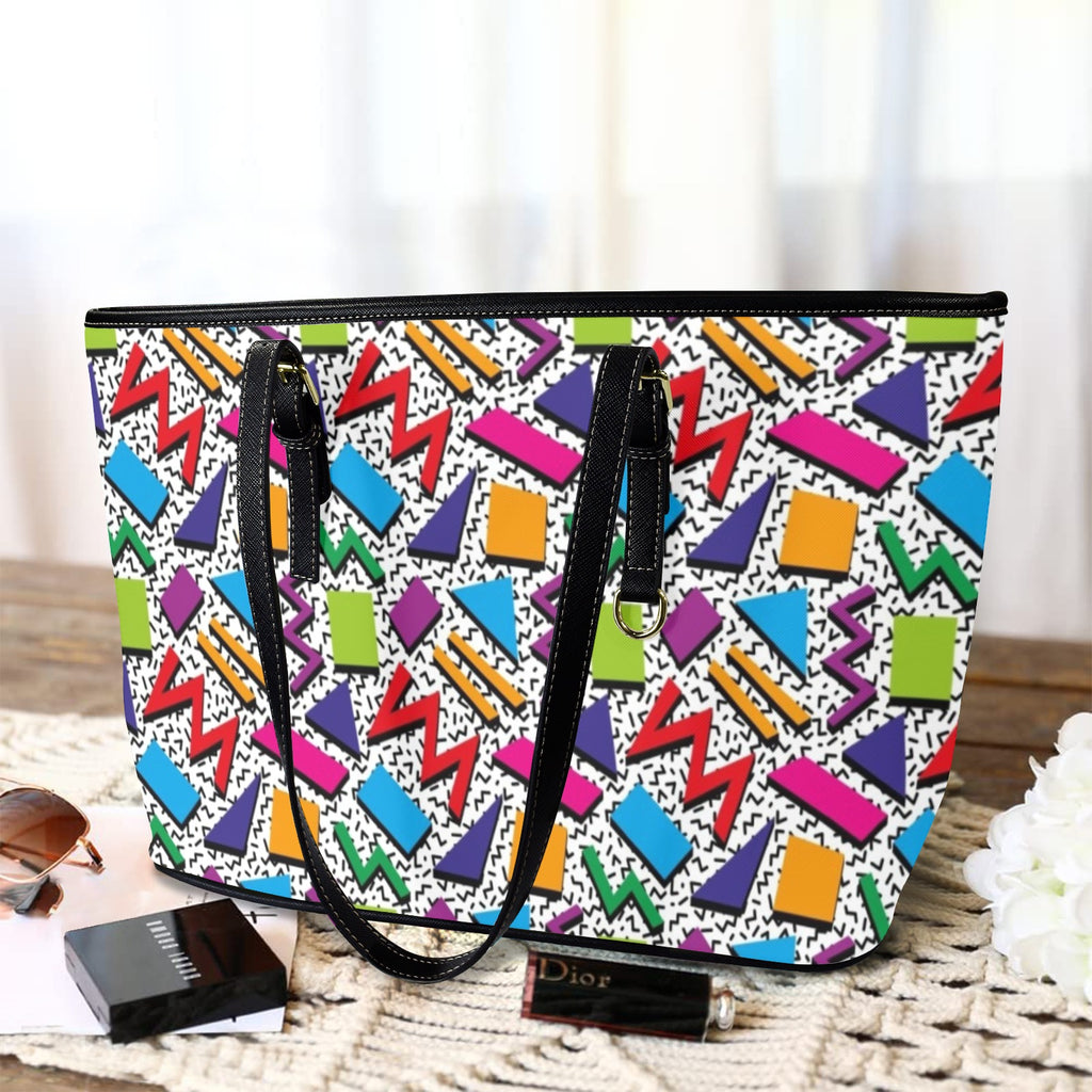 Graphic 80's PU Leather Tote Bag Large Leather Tote Bag-Large Printed Offshore Retro