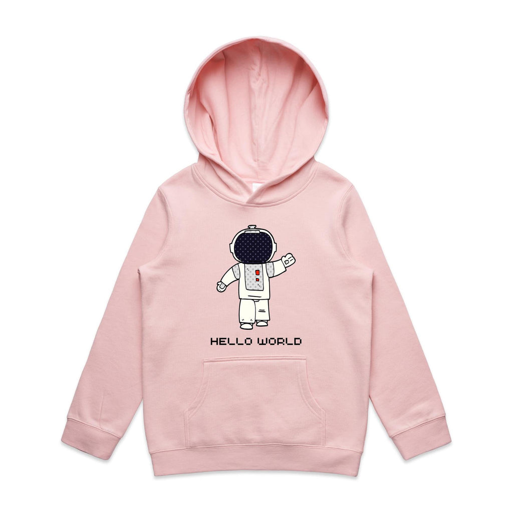 Astronaut, Hello World - Kids Hoodie Pink Kids Hoodie Printed In Australia