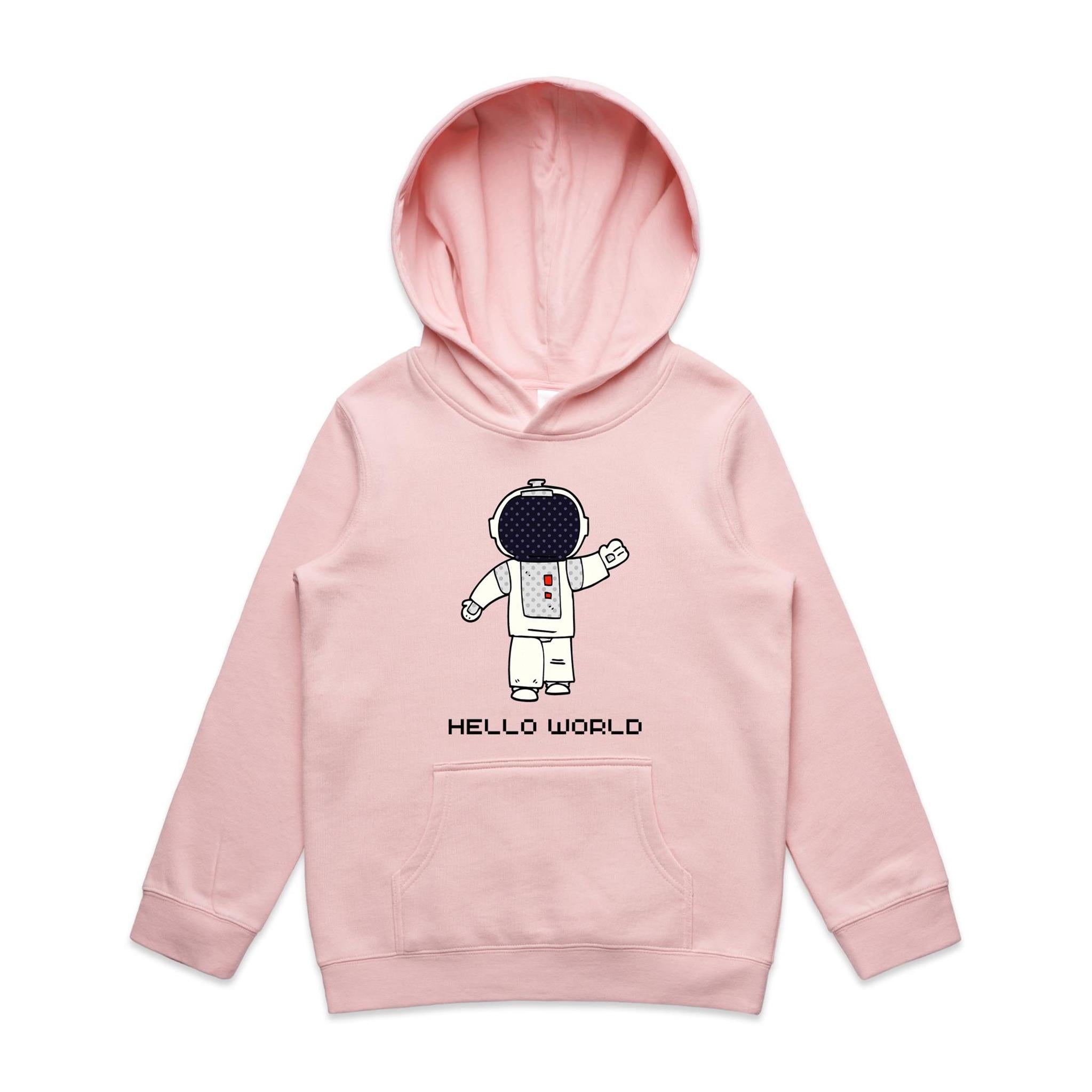 Astronaut, Hello World - Kids Hoodie Pink Kids Hoodie Printed In Australia