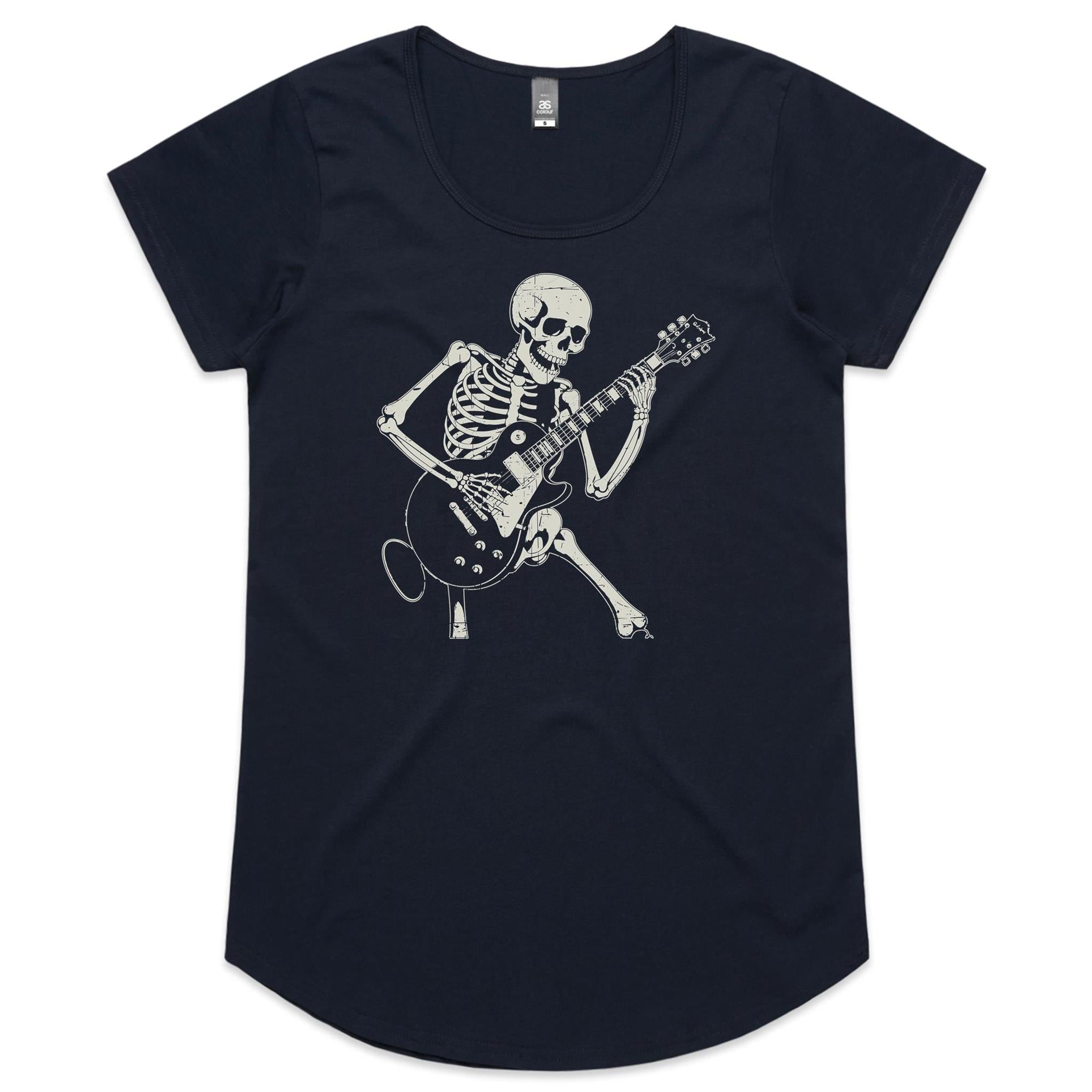 Skeleton Playing Guitar Women's AS Colour Scoop Neck T-Shirt Navy Womens Scoop Neck T-shirt Music Printed In Australia