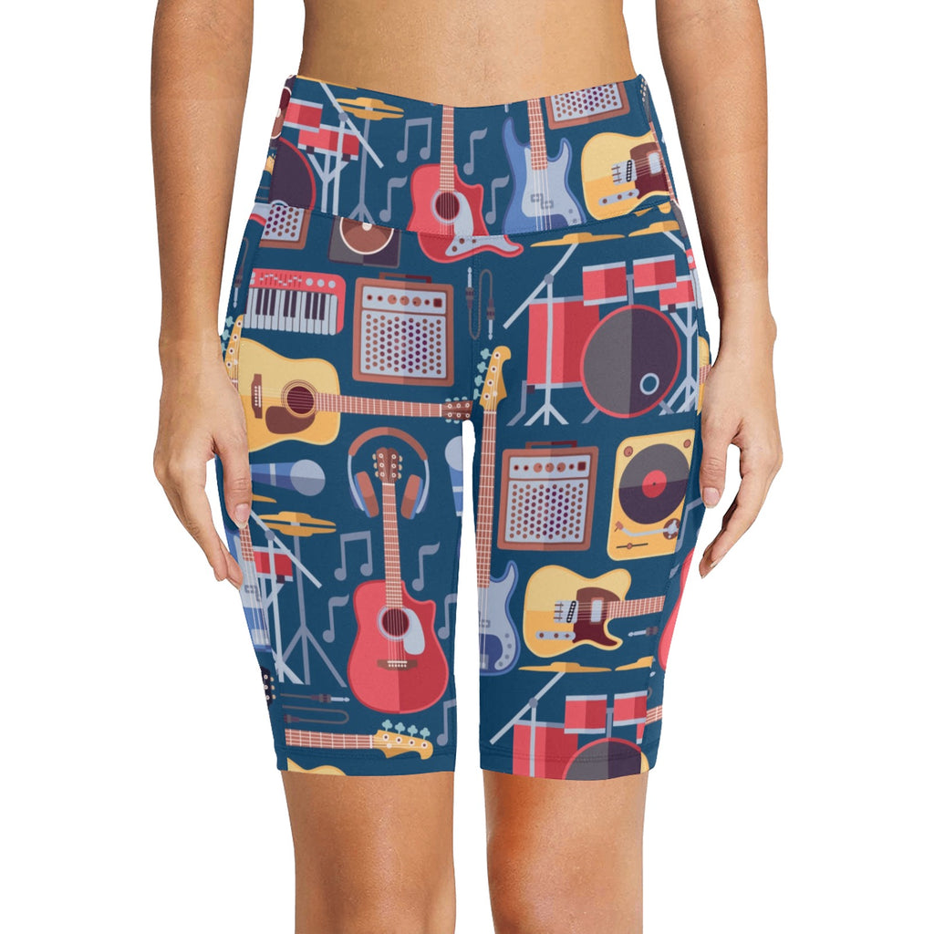 Music Instruments Blue Women's Bike Shorts With Side Pockets Women's Bike Shorts Music Printed Offshore
