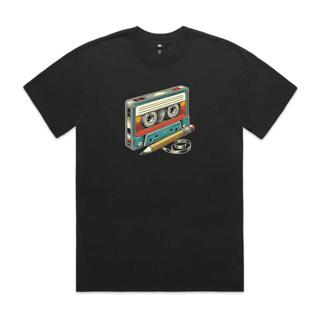 Cassette Tape And Pencil AS Colour Heavy Faded Tee Unisex Faded Black Heavy Faded T-shirt Music Printed In Australia Retro