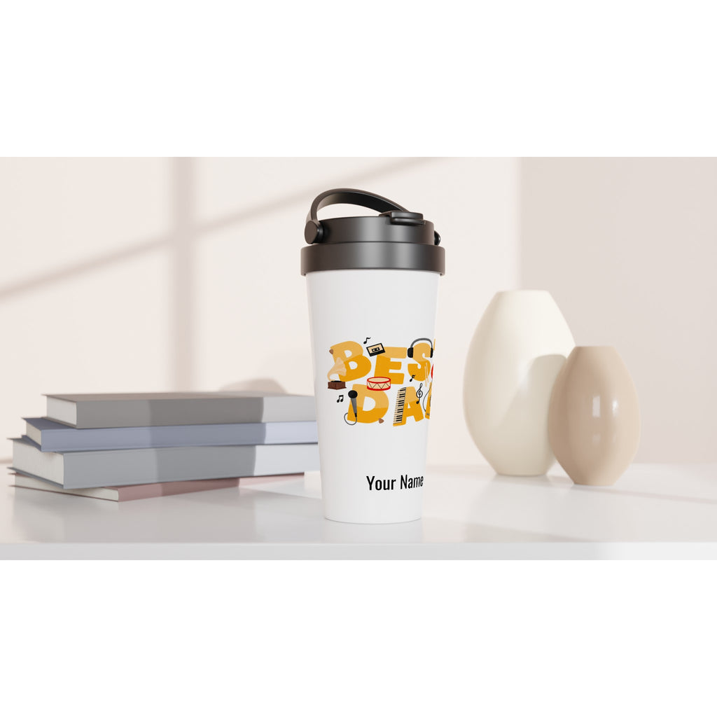 Personalised - Best Dad, Music - White 15oz Stainless Steel Travel Mug Personalised Travel Mug customise Dad Globally Fulfilled Music personalise