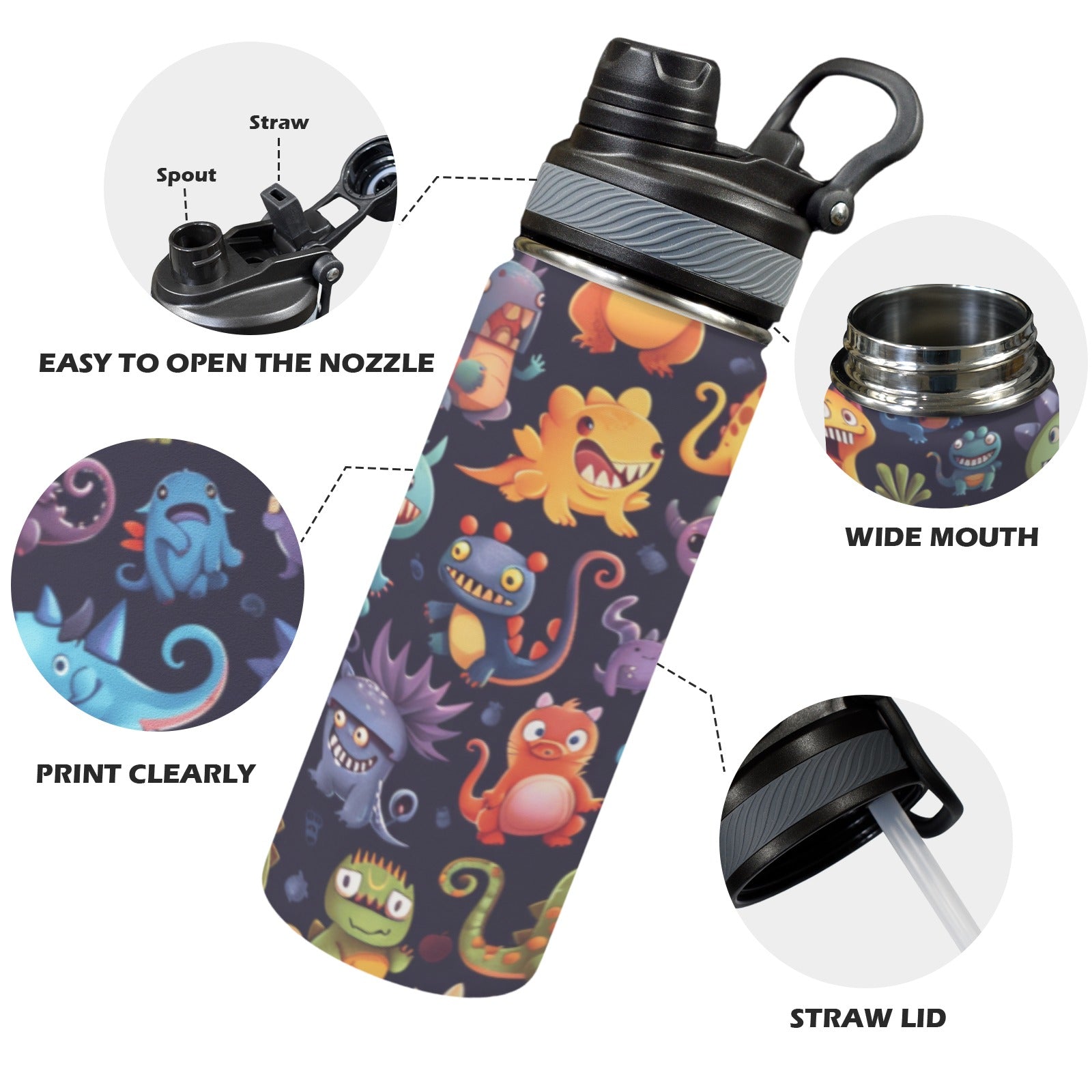Monster Mania - Insulated Water Bottle with Dual-Use Lid (18oz) Insulated Water Bottle with Dual-Use Lid (18oz) Printed Offshore Sci Fi