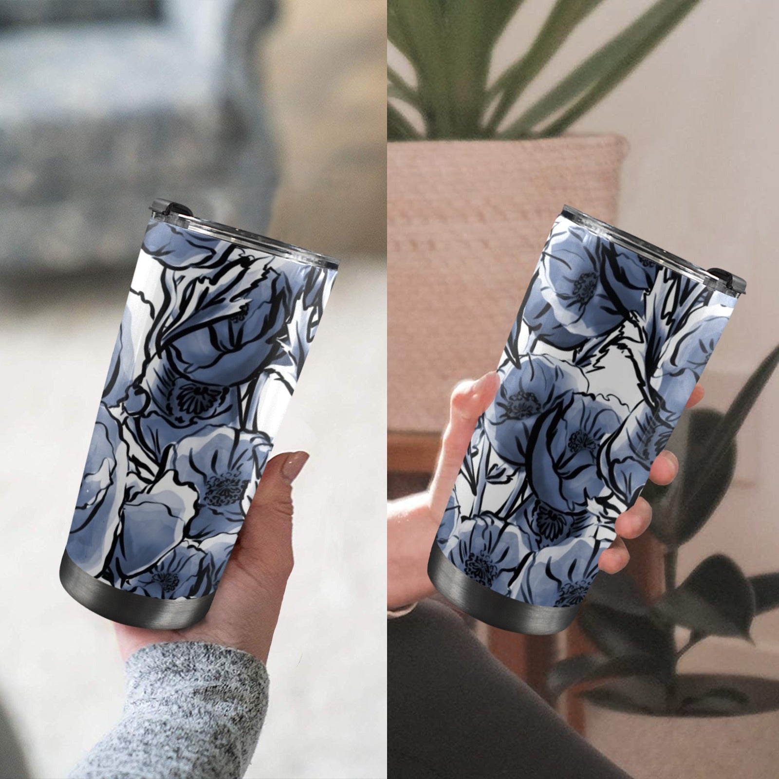 Blue And White Floral - 20oz Mobile Tumbler with Lid (Black Lock) 20oz Travel Mug Plants Printed Offshore