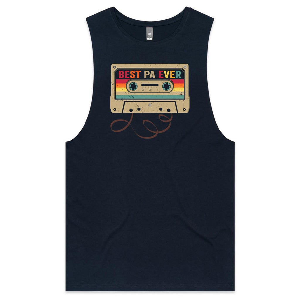Best Pa Ever, Cassette Tape Mens Men's AS Colour Drop Arm Tank Top Navy Drop Arm Tank Top Dad Music Printed In Australia Retro