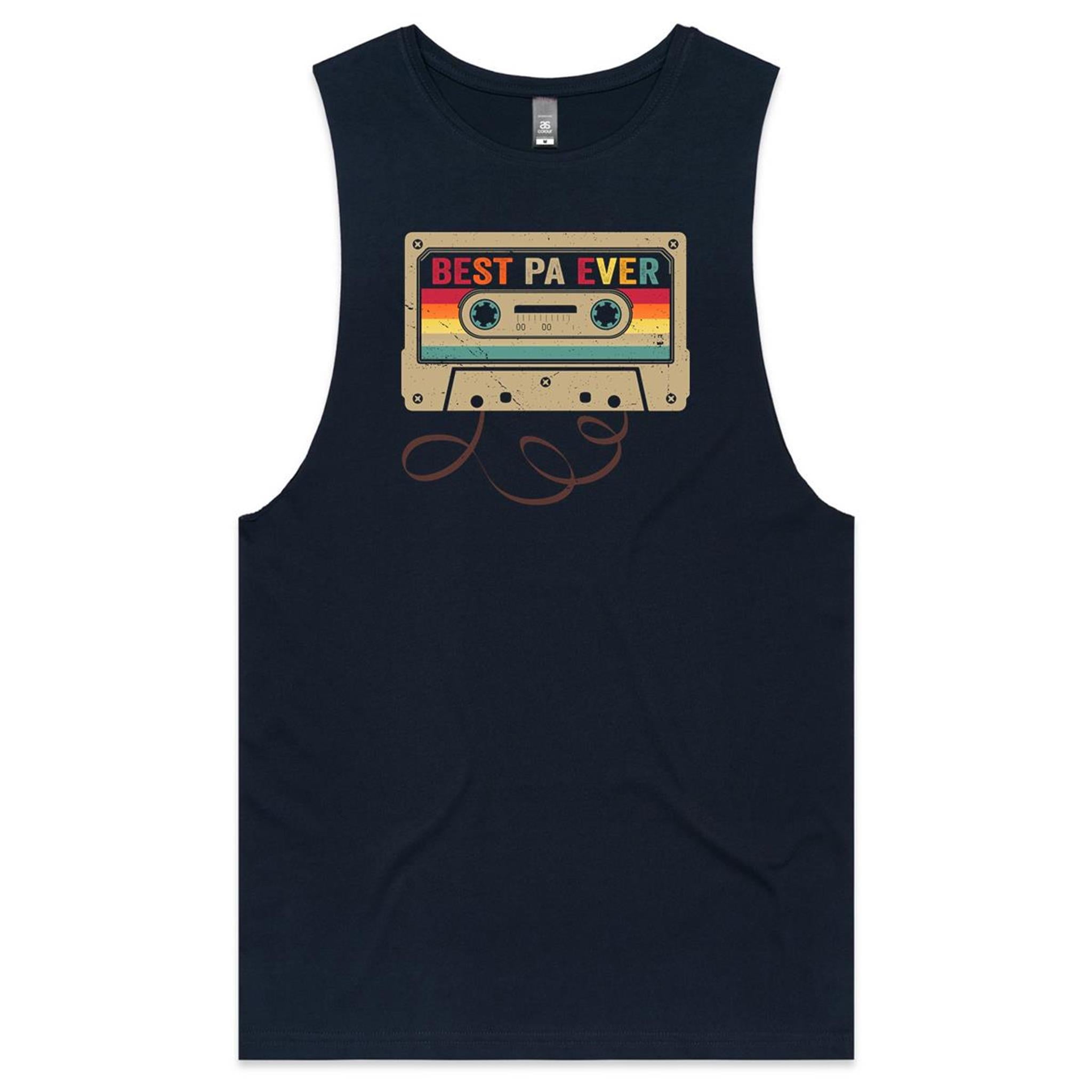 Best Pa Ever, Cassette Tape - Mens Tank Top Tee Navy Drop Arm Tank Top Dad Music Printed In Australia Retro
