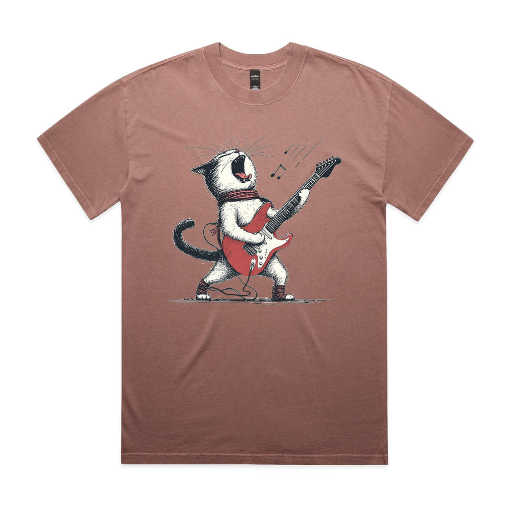 Cat Playing Guitar AS Colour Heavy Faded Tee Unisex Faded pink Heavy Faded T-shirt animal Music Printed In Australia