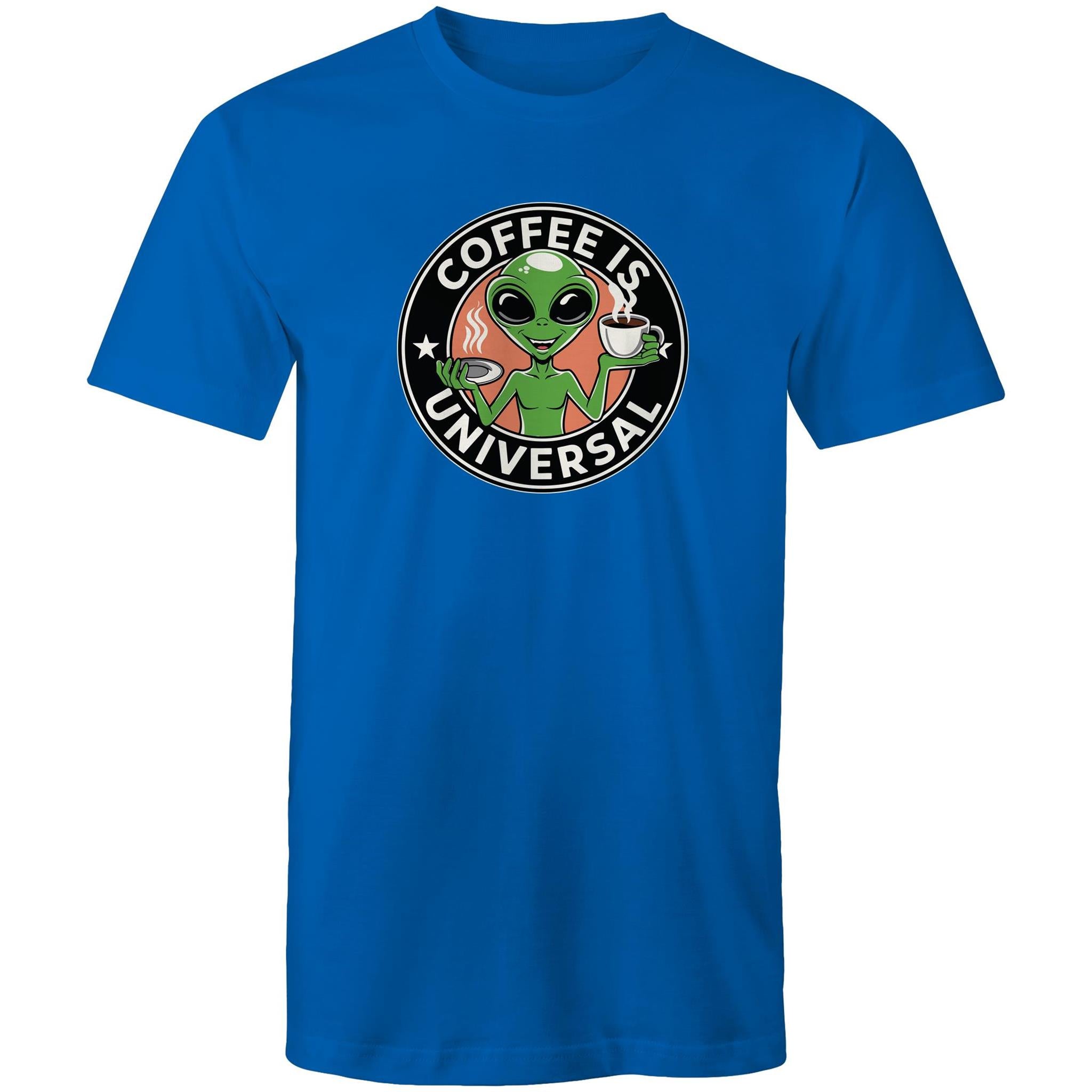 Coffee Is Universal, Alien - Mens T-Shirt Bright Royal Mens T-shirt Coffee Printed In Australia Sci Fi