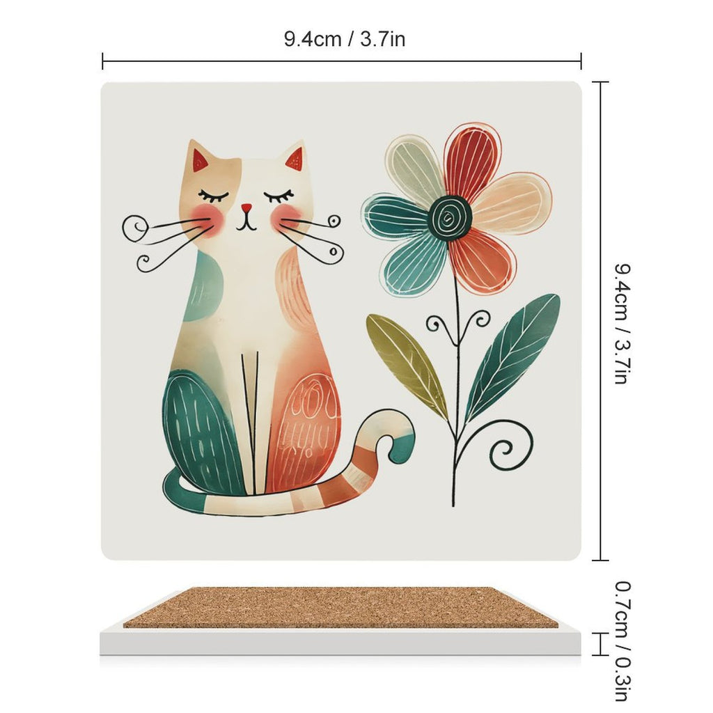 Cat And Flower - Ceramic Coasters (Square) Ceramic Coasters animal Printed Offshore