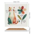 Cat And Flower - Ceramic Coasters (Square) Ceramic Coasters animal Printed Offshore