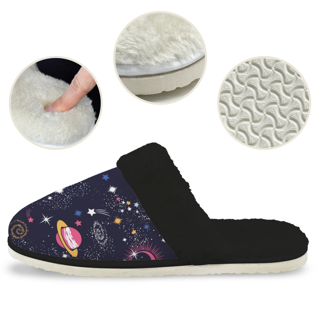 Outer Space Women's Fur Trim Thick-Sole Indoor Slippers Women's Fur Trimmed Slippers Printed Offshore Space