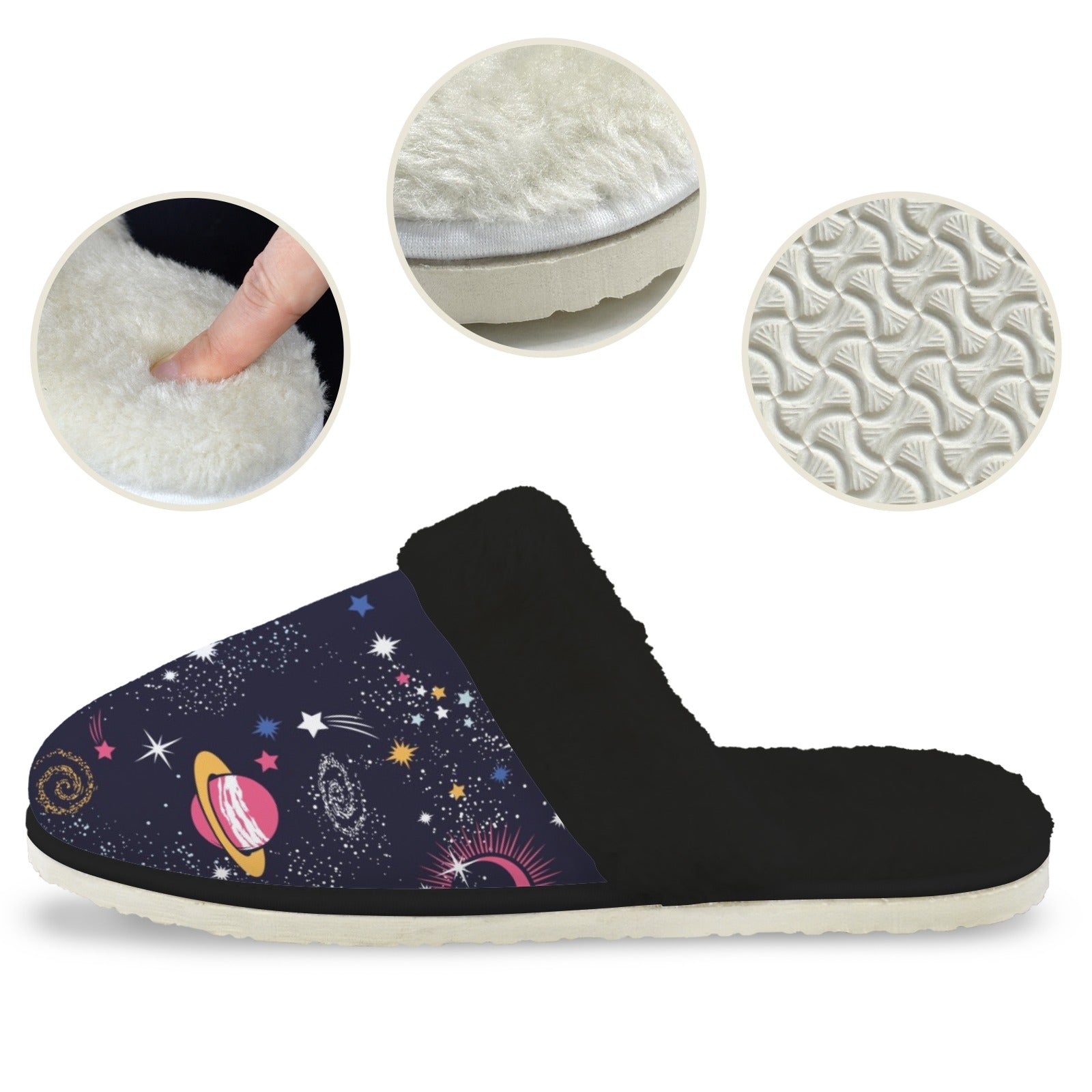 Outer Space Women's Fur Trim Thick-Sole Indoor Slippers Women's Fur Trimmed Slippers Printed Offshore Space
