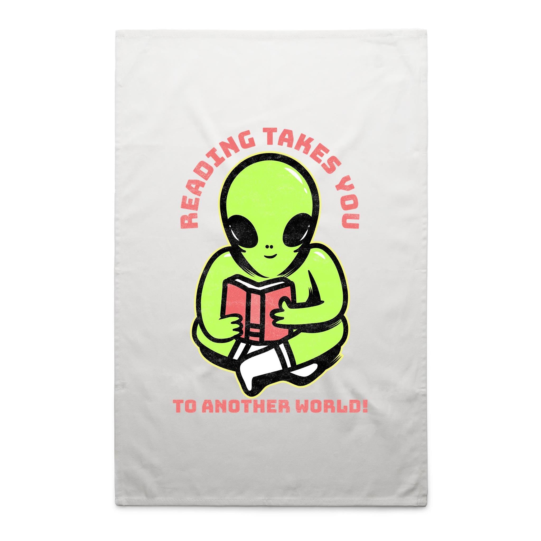 Reading Takes You To Another World - AS Colour Tea Towel White One Size Tea Towel Printed In Australia Reading Sci Fi