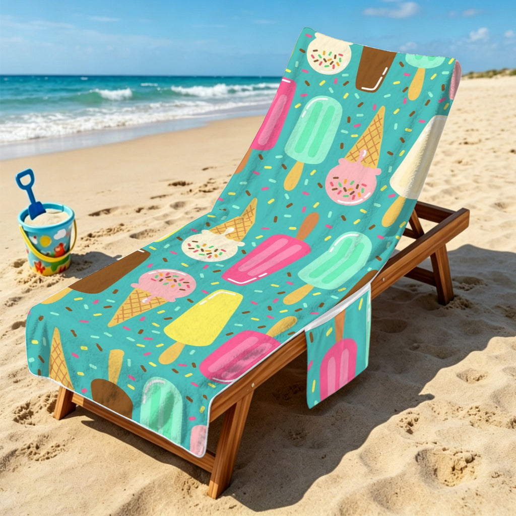 Ice Cream Beach Chair Towel Cover with Side Pockets