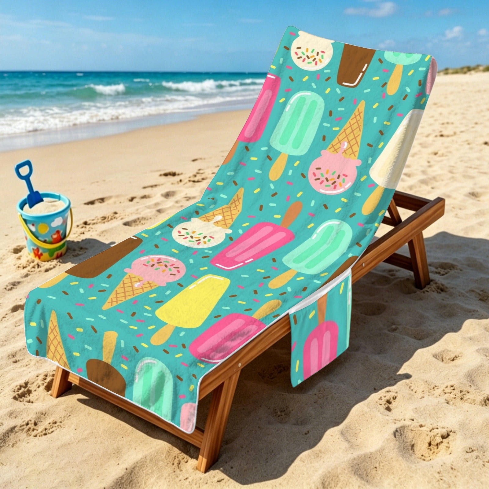 Ice Cream Beach Chair Towel Cover with Side Pockets
