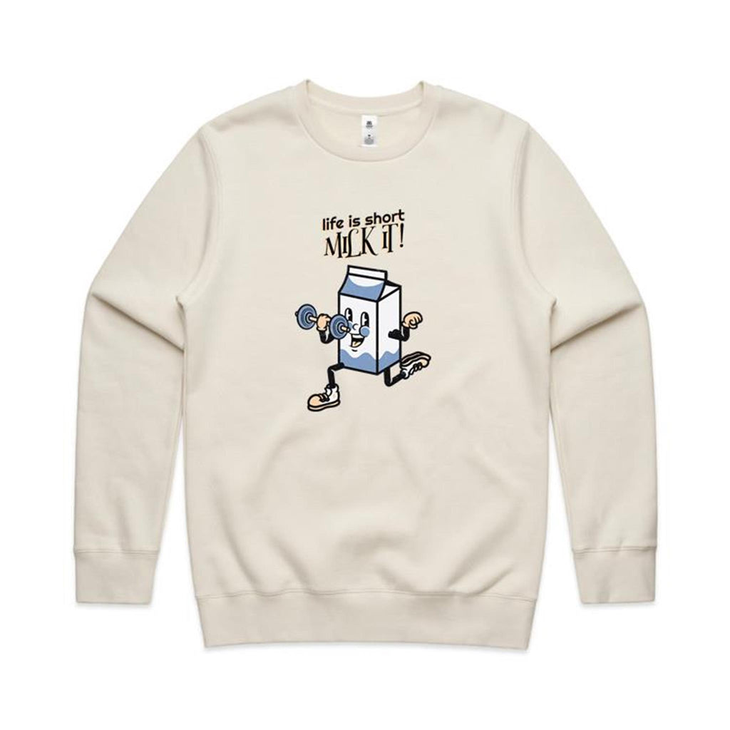 Life Is Short, Milk It - AS Colour Stencil Crew Ecru Sweatshirt Fitness Printed In Australia