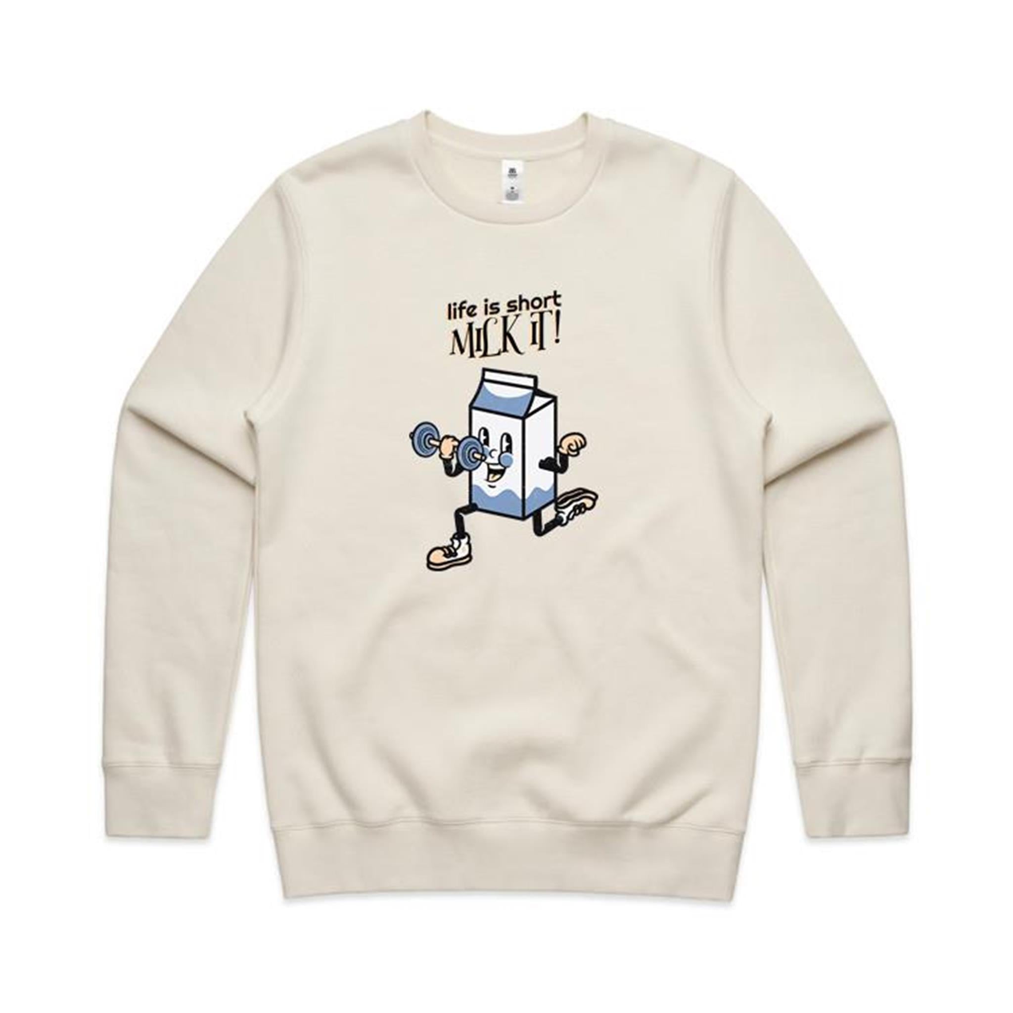 Life Is Short, Milk It - AS Colour Stencil Crew Ecru Sweatshirt Fitness Printed In Australia