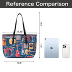 Music Instruments Blue - Leather Tote Bag-Large