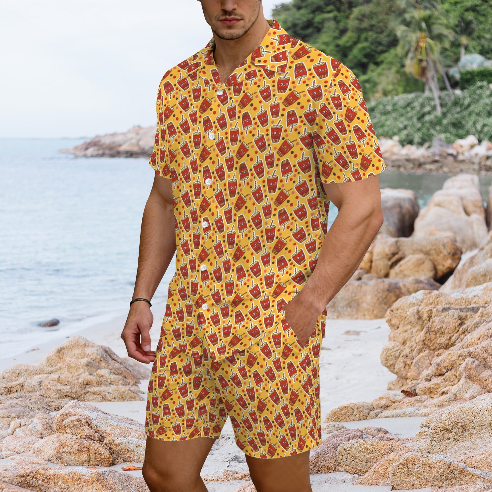 Cola Men's Hawaiian Shirt & Shorts Set Men's Hawaiian Shirt & Shorts Set Food Printed Offshore