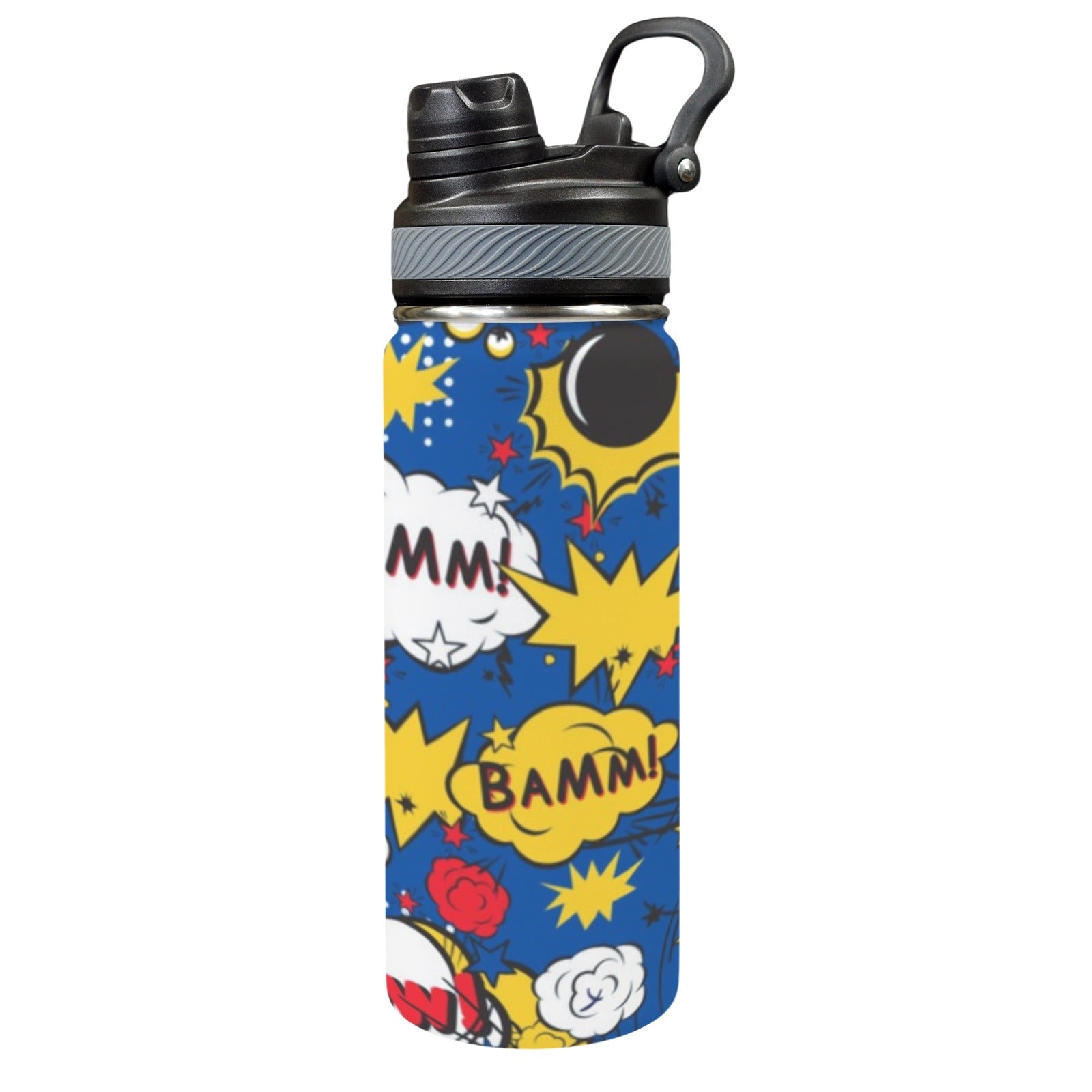 Blue Comic Book - Insulated Water Bottle with Dual-Use Lid (18oz) One Size Insulated Water Bottle with Dual-Use Lid (18oz) comic Printed Offshore