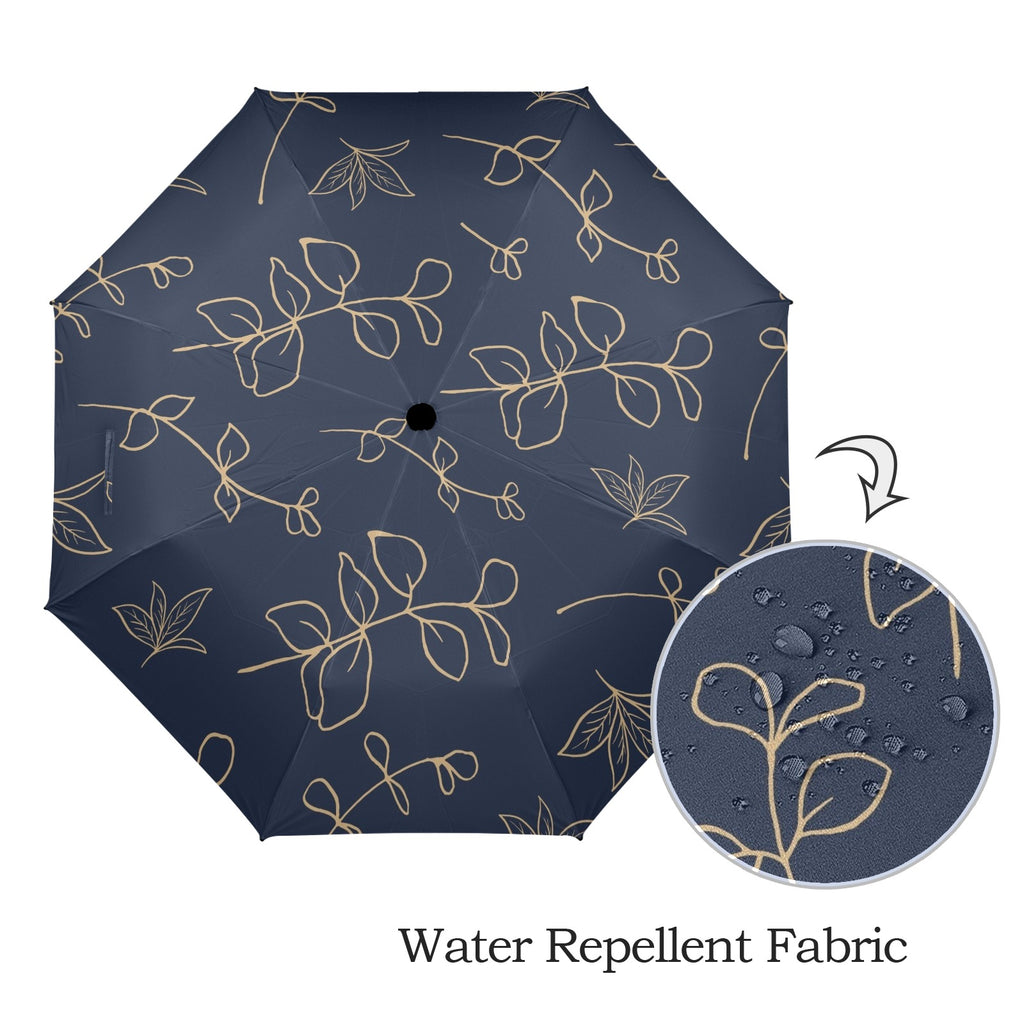 Gold Flowers On Navy - Semi-Automatic Foldable Umbrella (Model U12) Semi-Automatic Foldable Umbrella (U12)