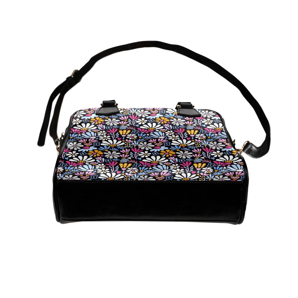 Graphic Flowers On Black Shoulder Handbag
