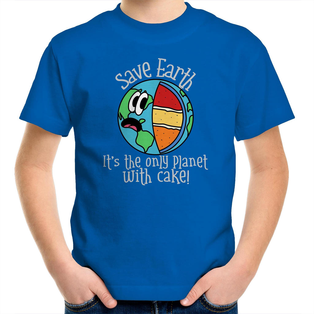 Save Earth, It's The Only Planet With Cake - Kids Youth T-Shirt Bright Royal Kids Youth T-shirt Environment Food Funny Printed In Australia