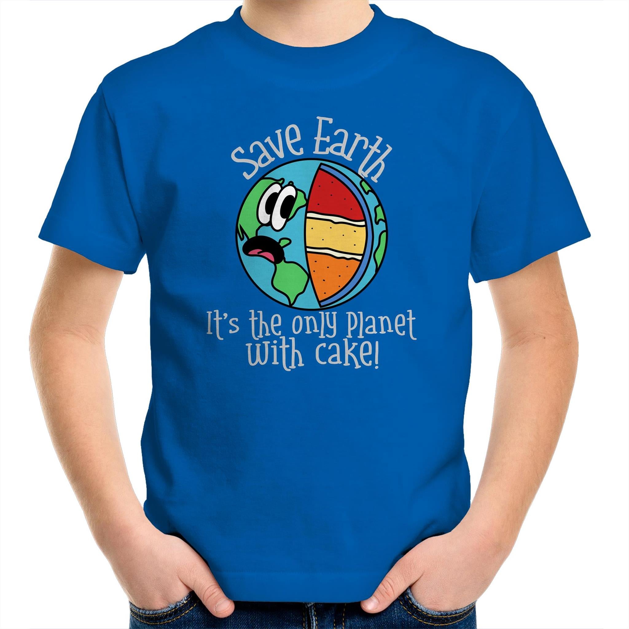 Save Earth, It's The Only Planet With Cake - Kids Youth T-Shirt Bright Royal Kids Youth T-shirt Environment Food Funny Printed In Australia