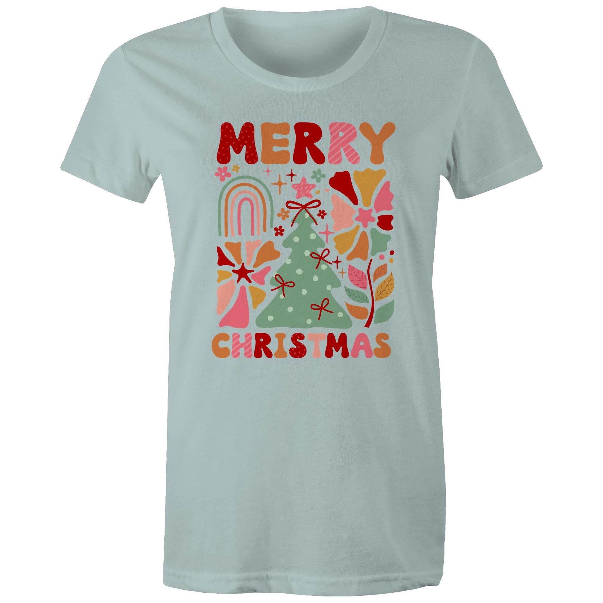 Merry Christmas - Womens T-shirt Pale Blue Womens Christmas T-shirt Christmas Printed In Australia