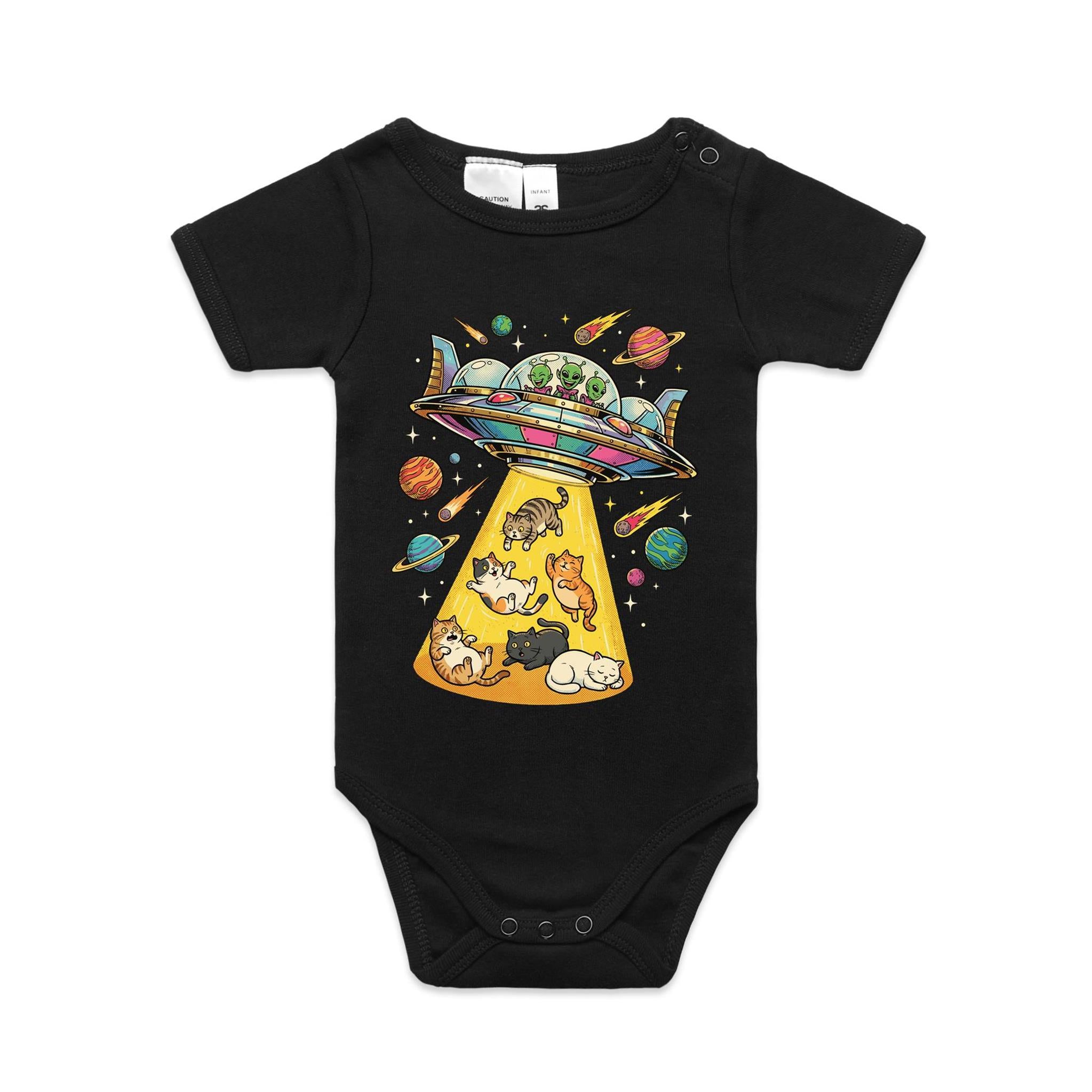 UFO Cat Abduction - AS Colour Baby Bodysuit Black Baby Bodysuit animal Printed In Australia Sci Fi