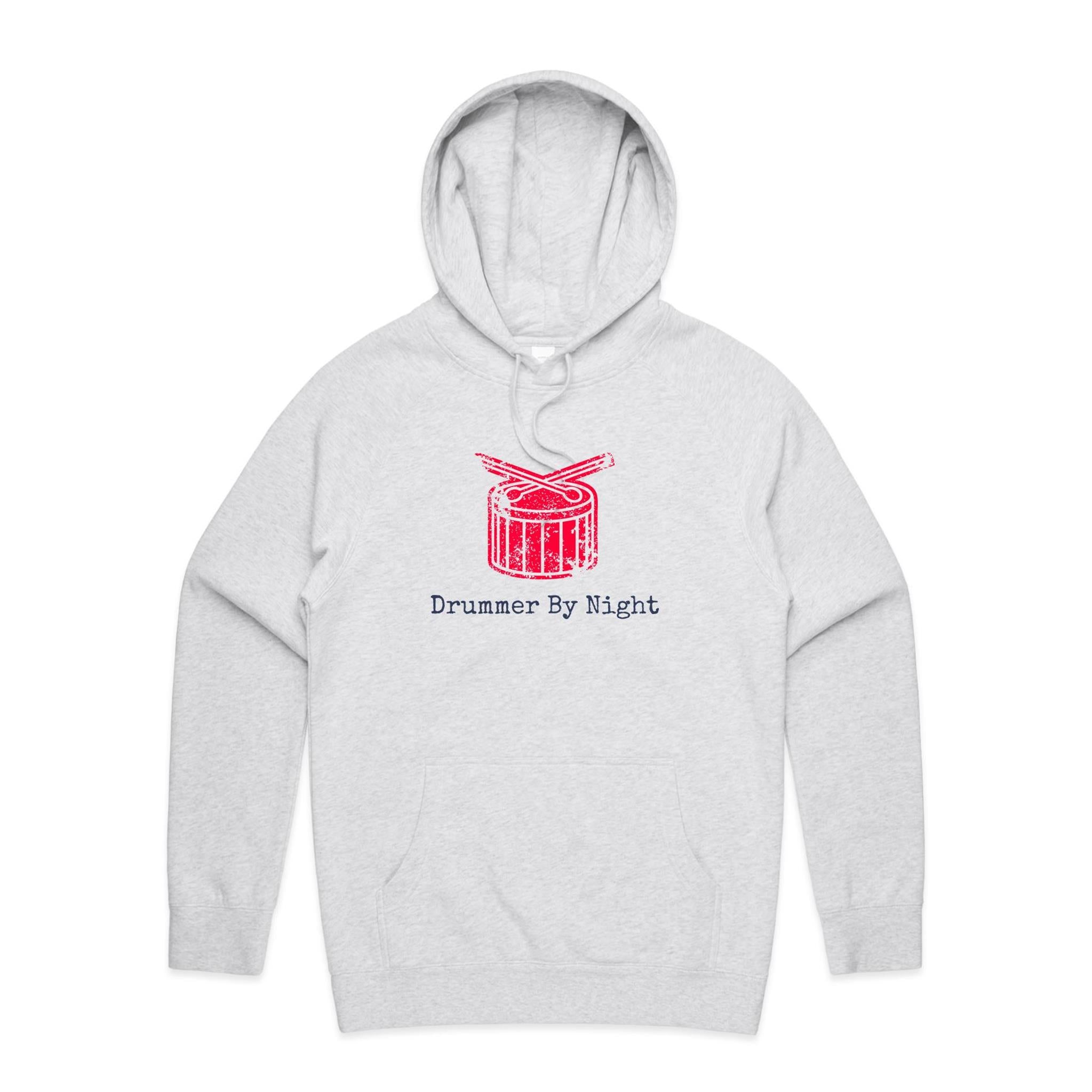 Drummer By Night - Mens Hoodie White Marle Mens Hoodie Music Printed In Australia