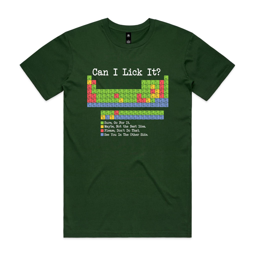 Periodic Table, Can I Lick It Men's AS Colour T-shirt Forest Green Mens T-shirt Printed In Australia Science