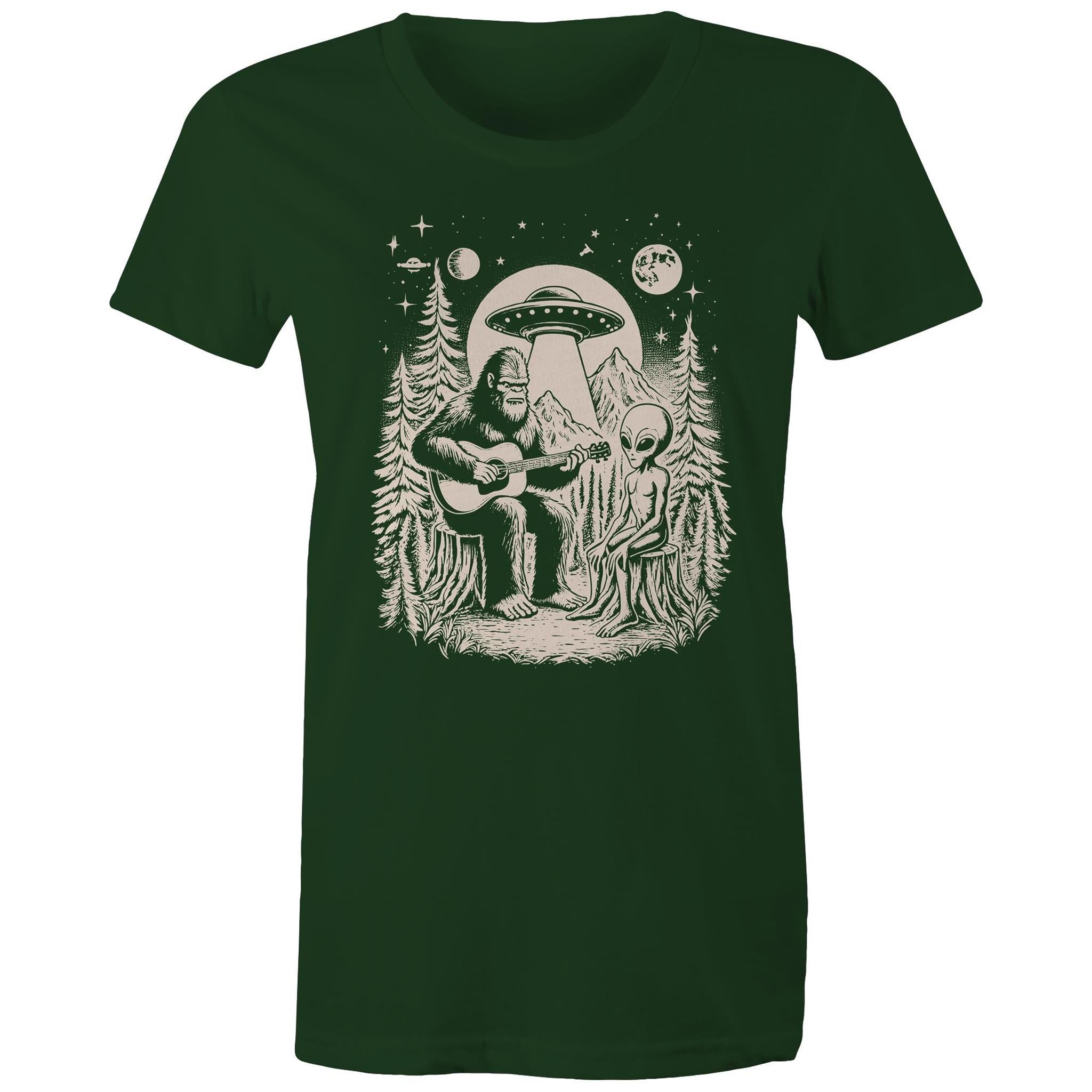 Alien And Bigfoot Play Guitar - Womens T-shirt Forest Green Womens T-shirt Music Printed In Australia Sci Fi