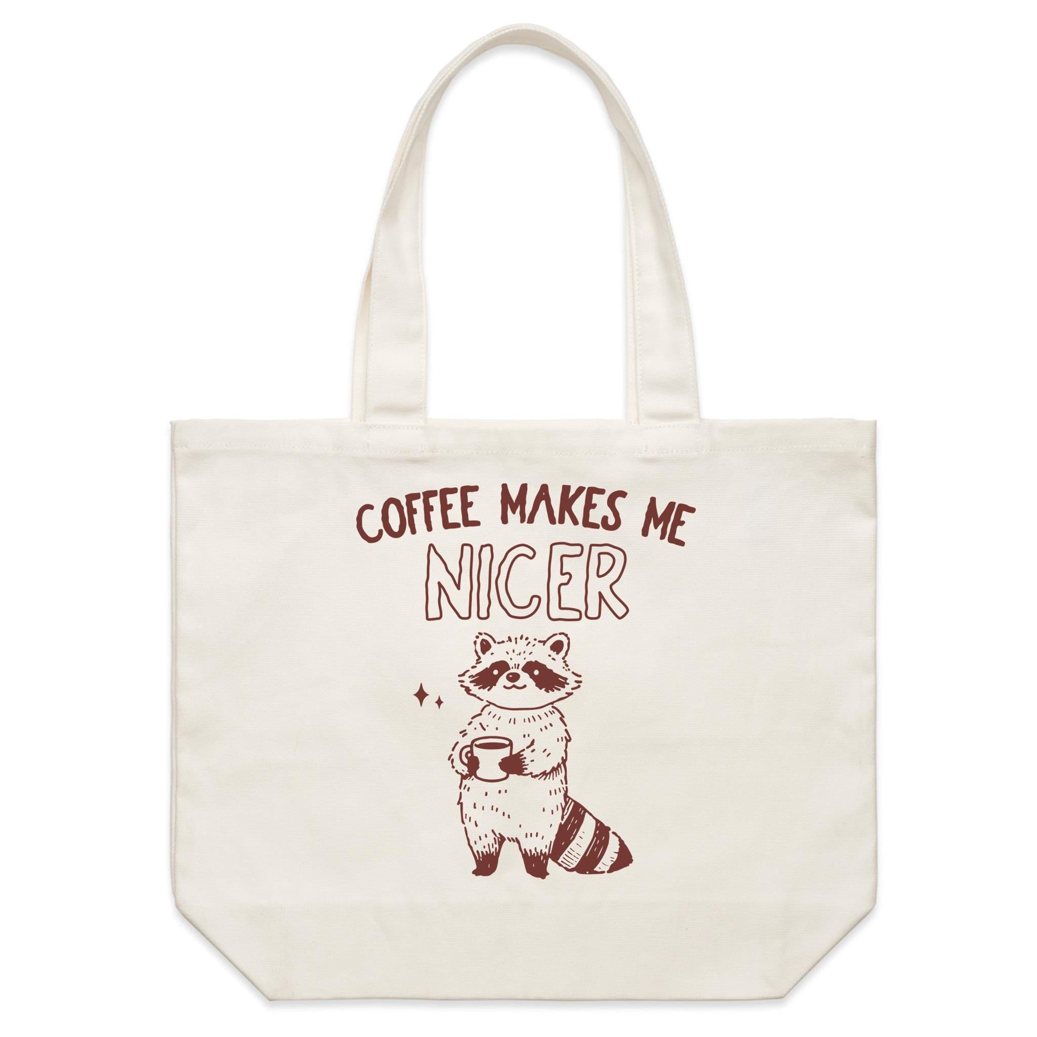 Coffee Makes Me Nicer, Raccoon - Shoulder Canvas Tote Bag Default Title Large Tote Bag animal Coffee Printed In Australia