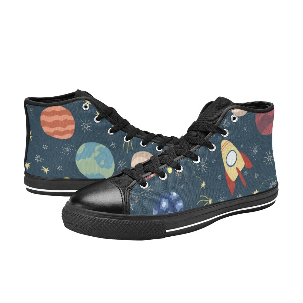 Rocket and Planets In Space - Kids High Top Canvas Shoes