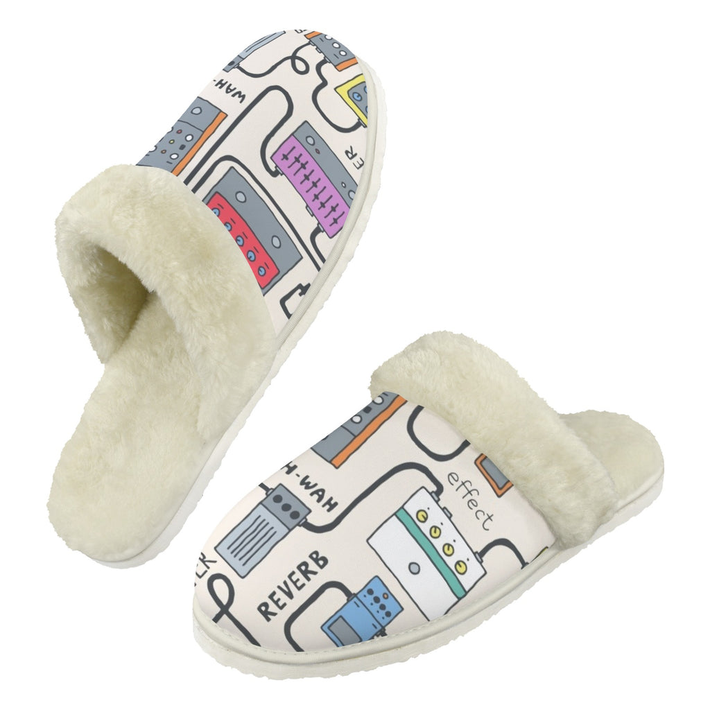 Wah Pedal Men's Fur Trim Thick-Sole Indoor Slippers 2XL Men's Fur Trimmed Slippers Music Printed Offshore
