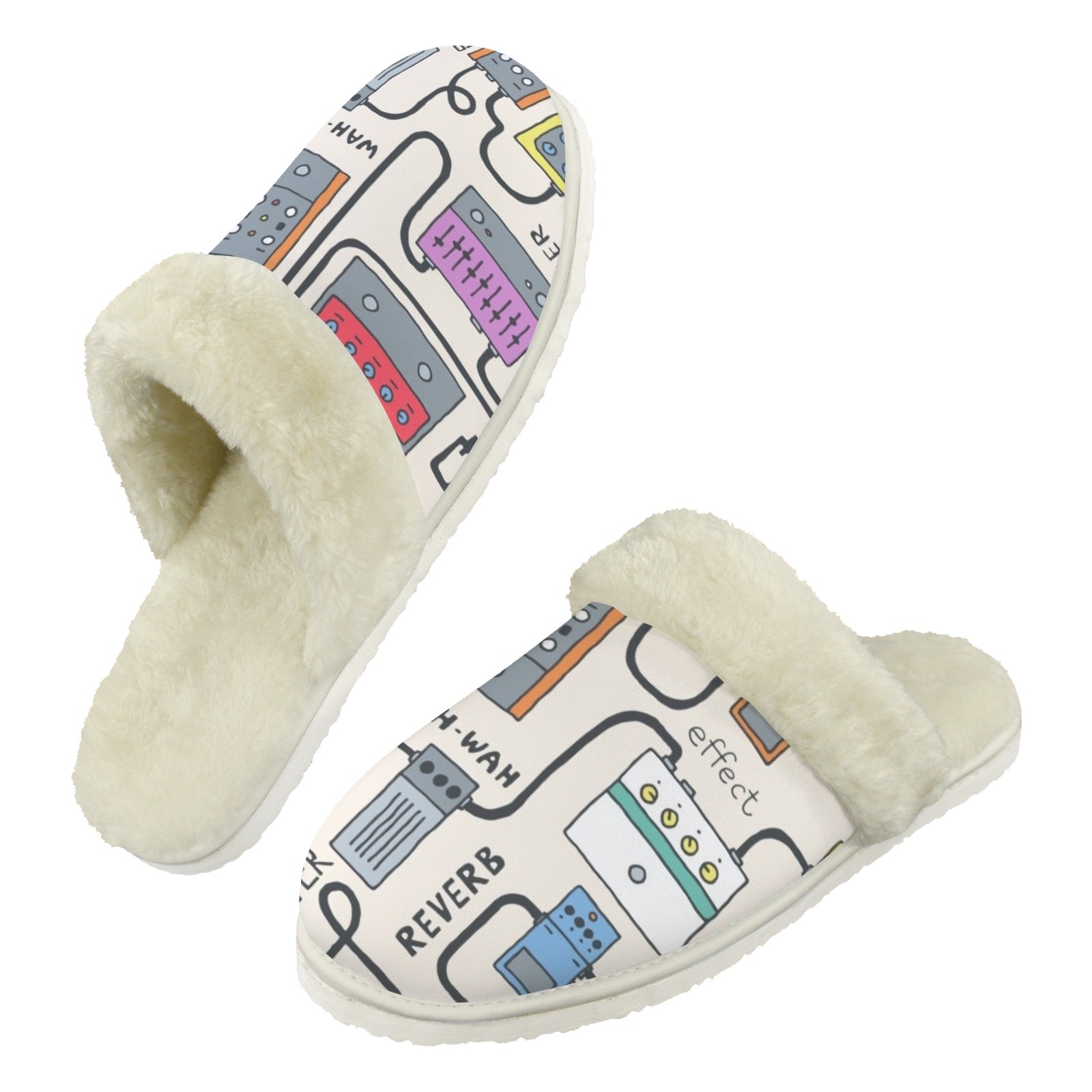 Wah Pedal Men's Fur Trim Thick-Sole Indoor Slippers 2XL Men's Fur Trimmed Slippers Music Printed Offshore