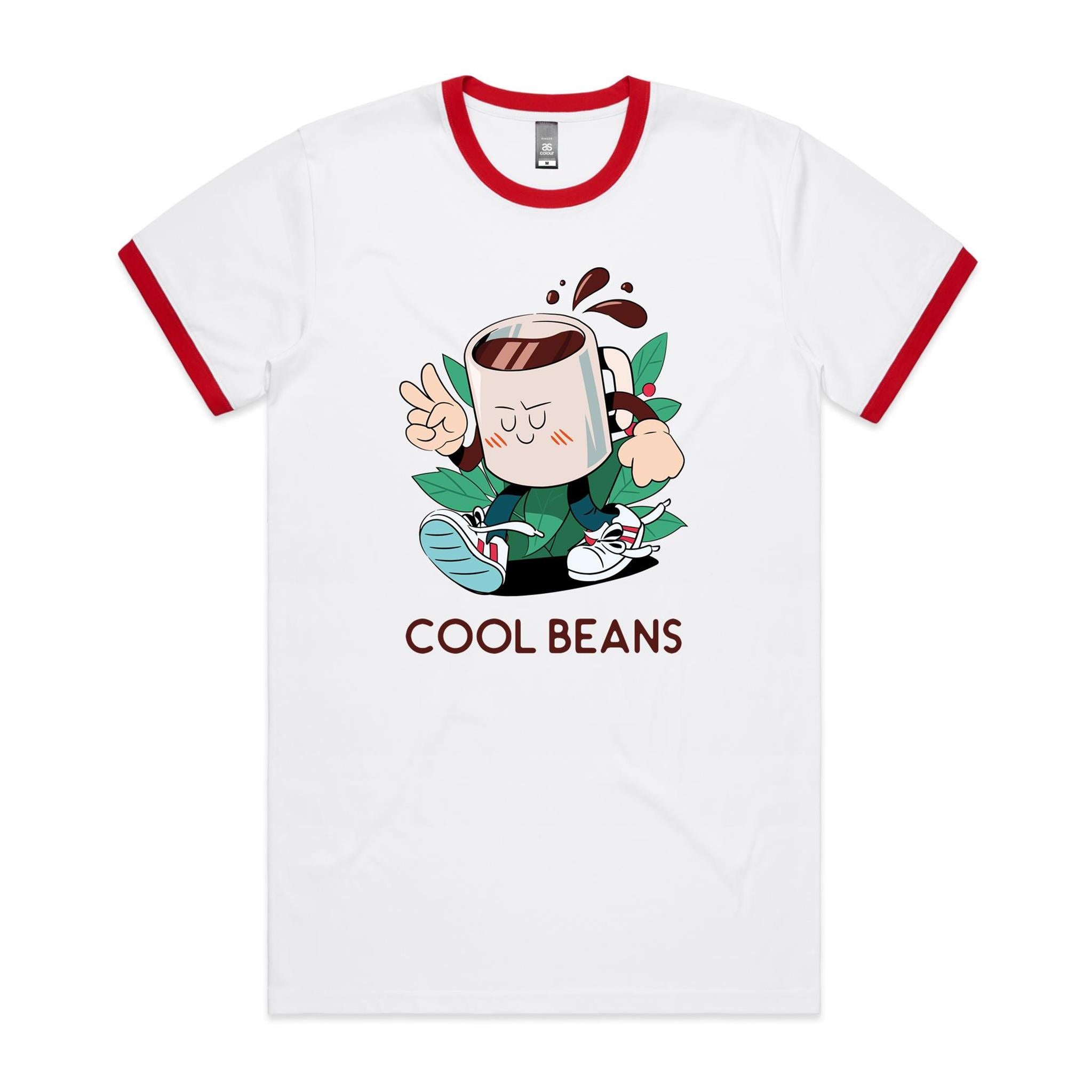 Cool Beans, Coffee - Staple Ringer Tee White Red Ringer T-Shirt Coffee Printed In Australia