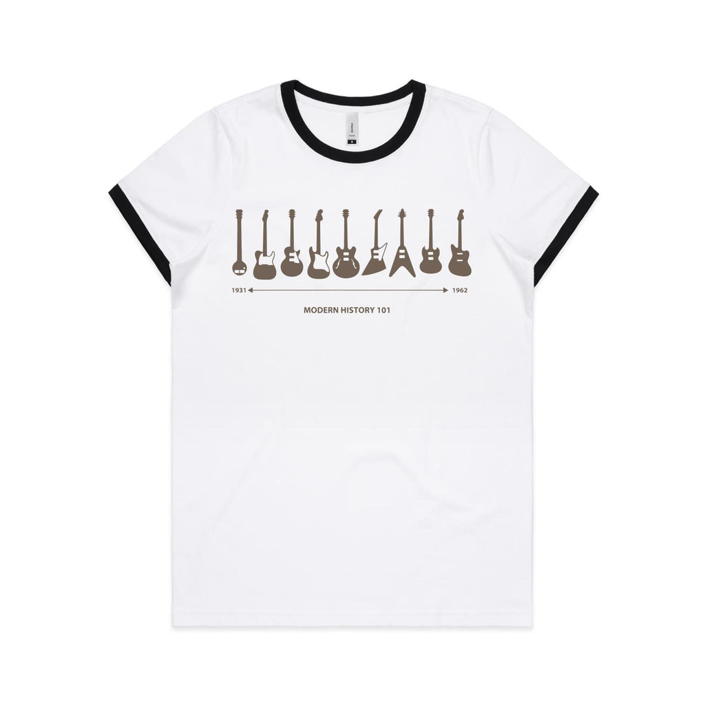 Guitar Timeline - Women's Ringer Tee White Black Womens Ringer T-shirt Music Printed In Australia