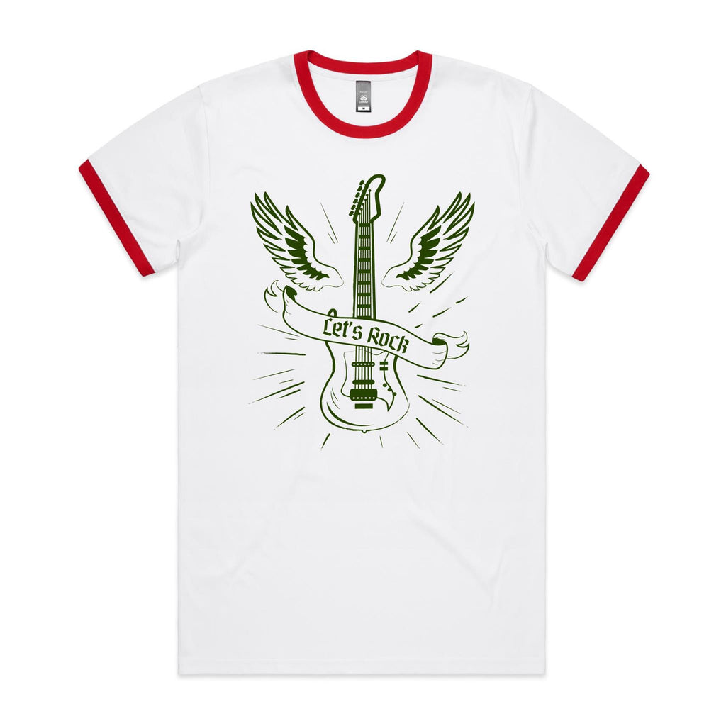 Let's Rock, Guitar - Staple Ringer Tee White Red Ringer T-Shirt Music Printed In Australia