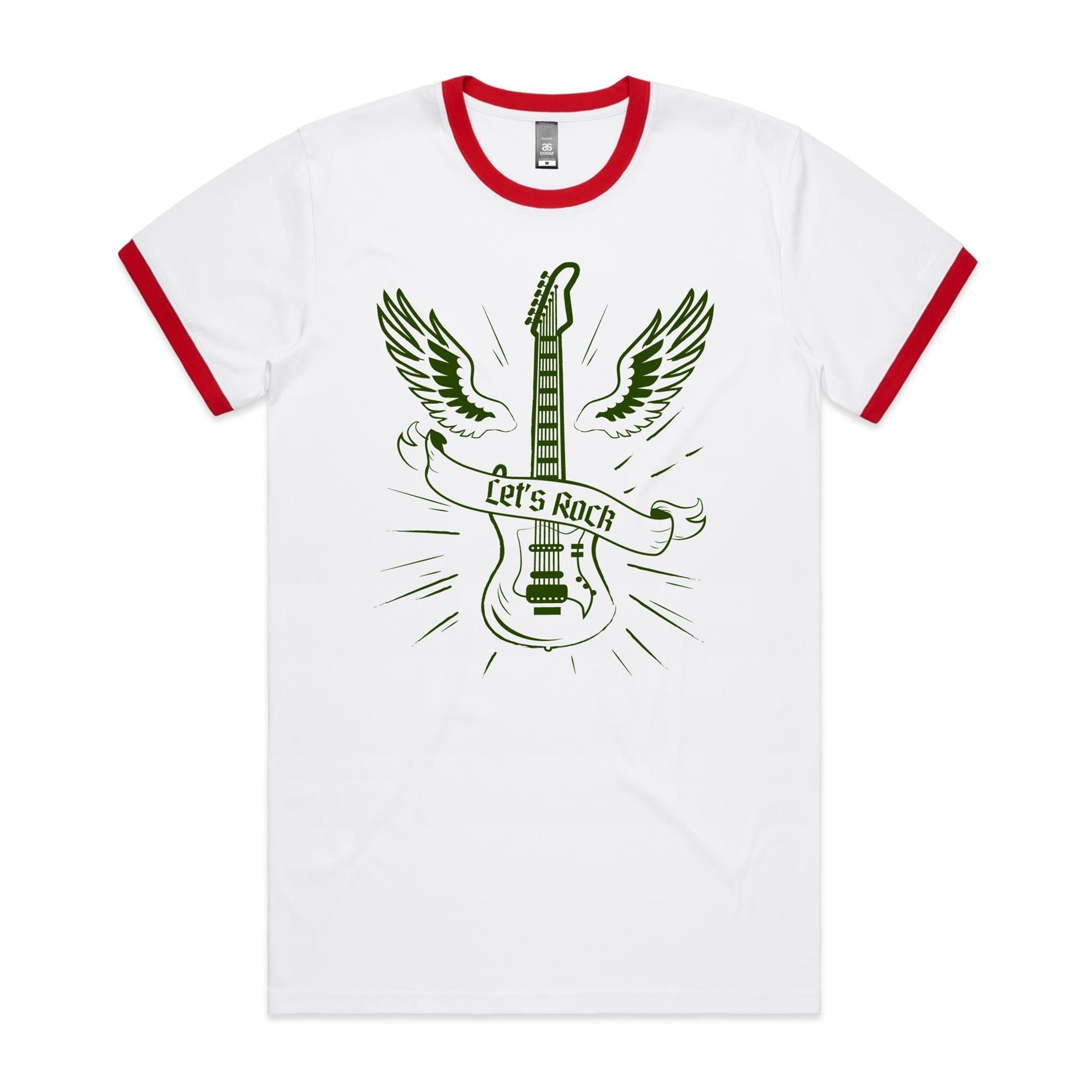 Let's Rock, Guitar - Staple Ringer Tee White Red Ringer T-Shirt Music Printed In Australia