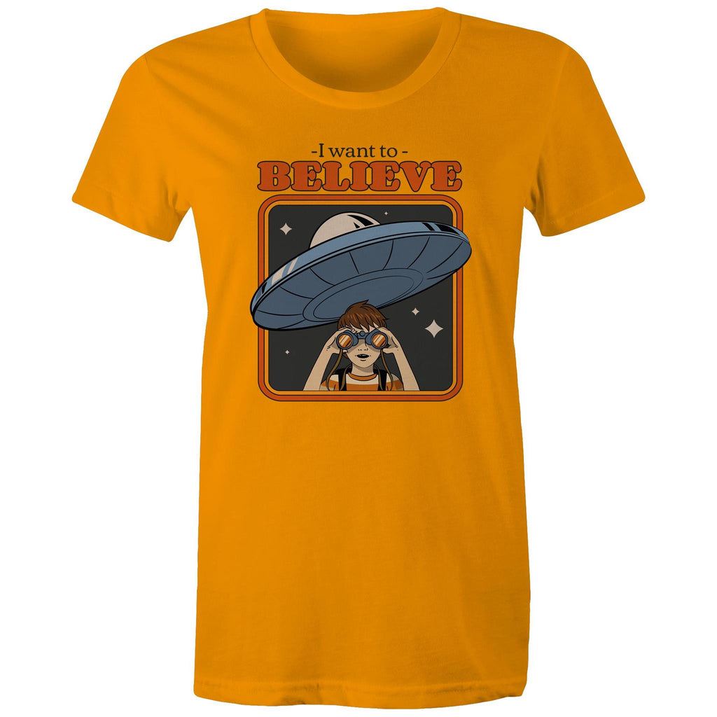 I Want To Believe, UFO - Womens T-shirt Orange Womens T-shirt Printed In Australia Sci Fi
