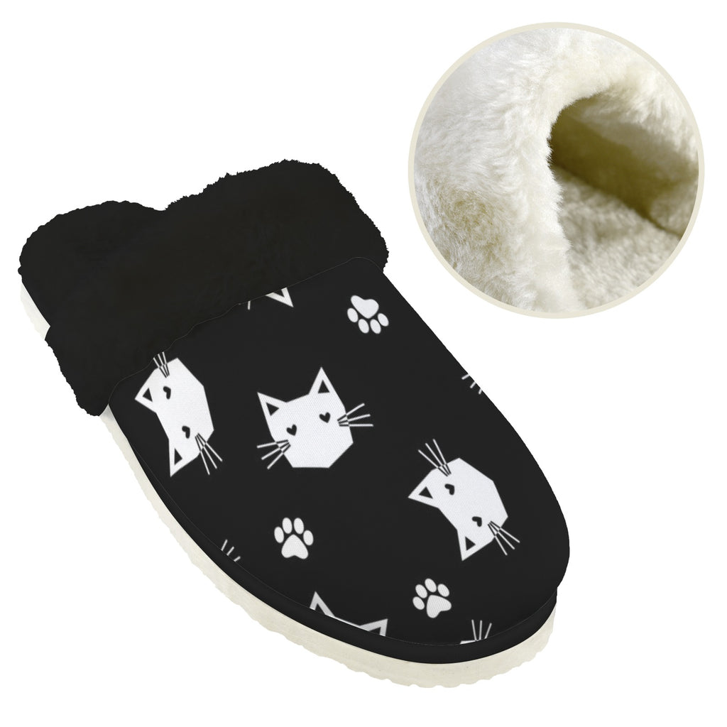 Geometric Cat Faces Women's Fur Trim Thick-Sole Indoor Slippers Women's Fur Trimmed Slippers animal Printed Offshore