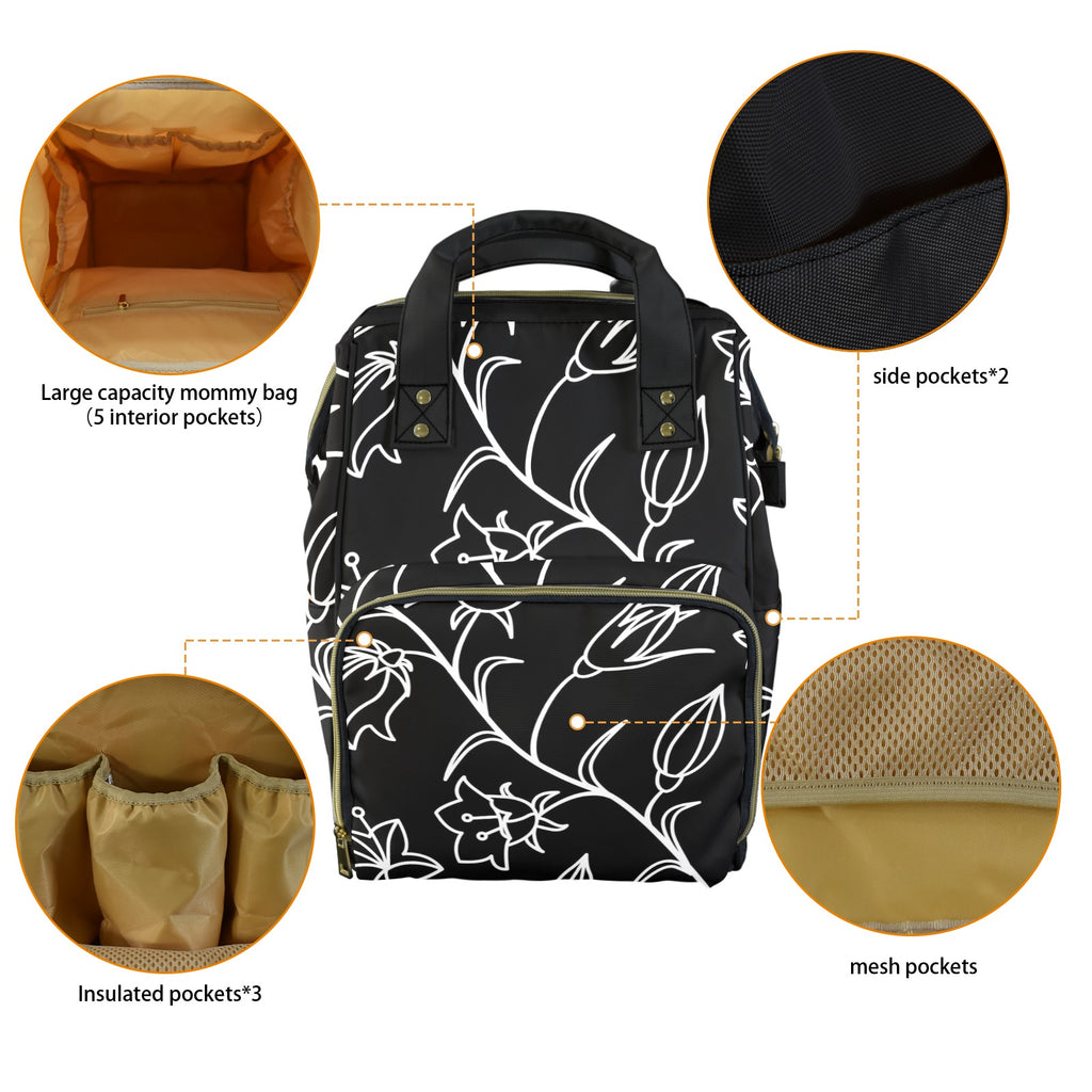 Black And White Floral - Multi-Function Backpack, Nappy / Diaper Bag
