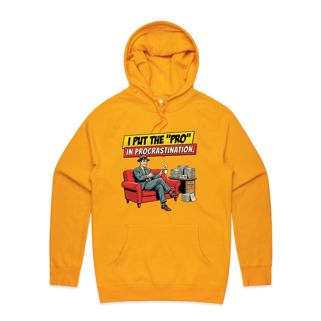 I Put The Pro In Procrastination, Retro Gentleman Men's AS Colour Hoodie Gold Mens Hoodie comic Printed In Australia