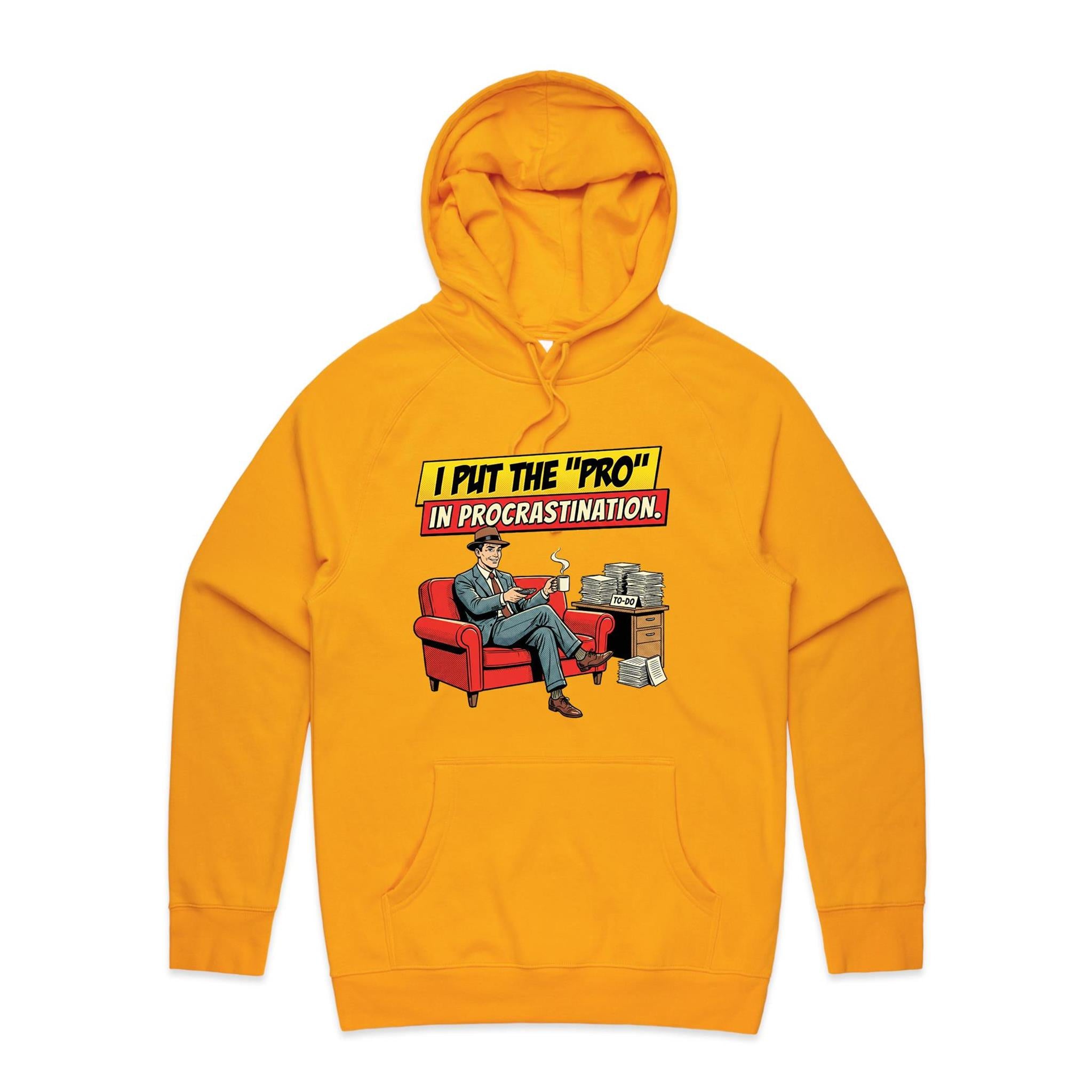 I Put The Pro In Procrastination, Retro Gentleman Men's AS Colour Hoodie Gold Mens Hoodie comic Printed In Australia