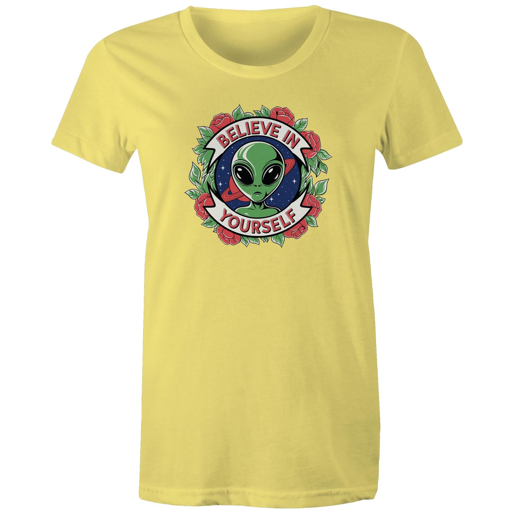 Believe In Yourself, Alien - Womens T-shirt Yellow Womens T-shirt Motivation Positivity Printed In Australia Sci Fi