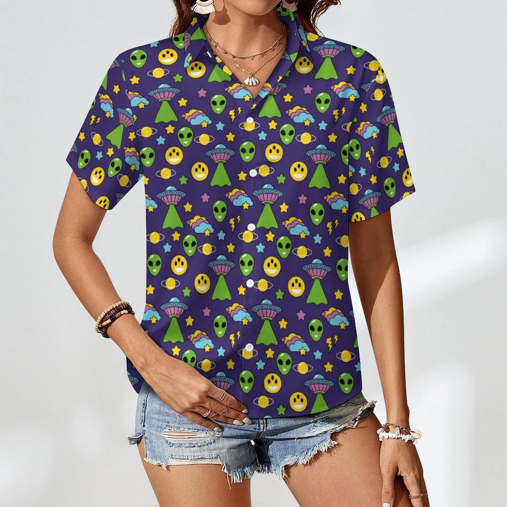 Groovy Alien And UFO Women's Collared Pocketless Short Sleeve Shirt